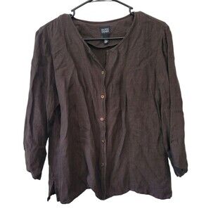 Eileen Fisher Brown Button Up Linen Blend Top Size Medium Lagenlook